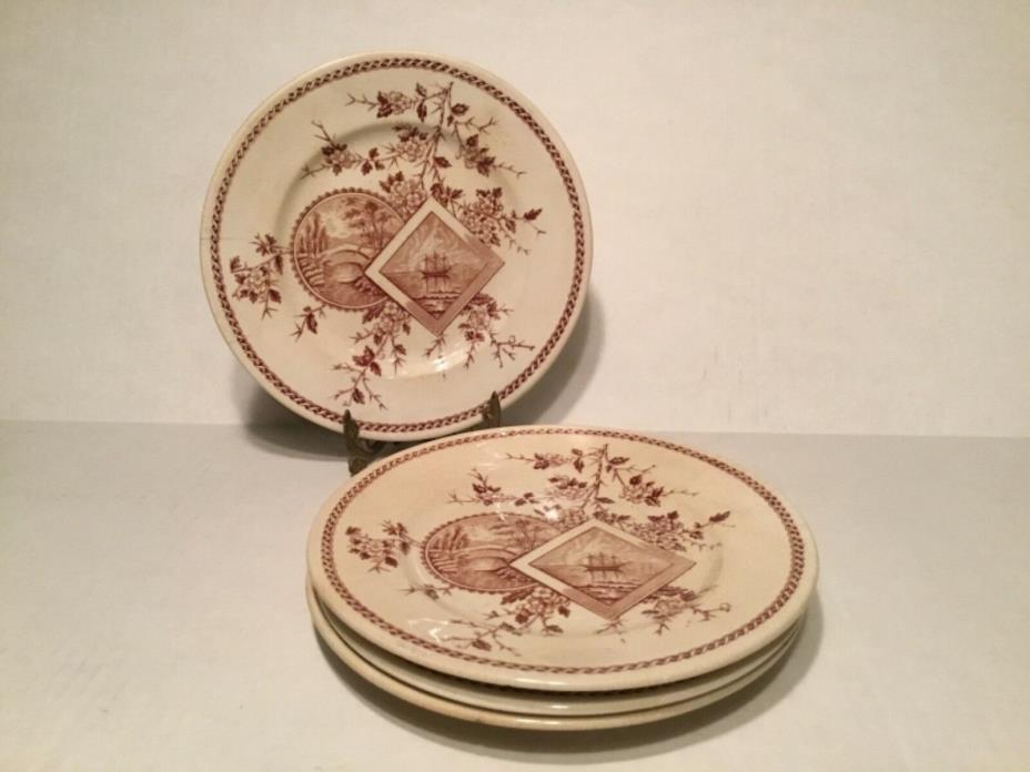 Antique Old Hall England transferware Baltimore, 4 dessert plates c. Mid 1800s