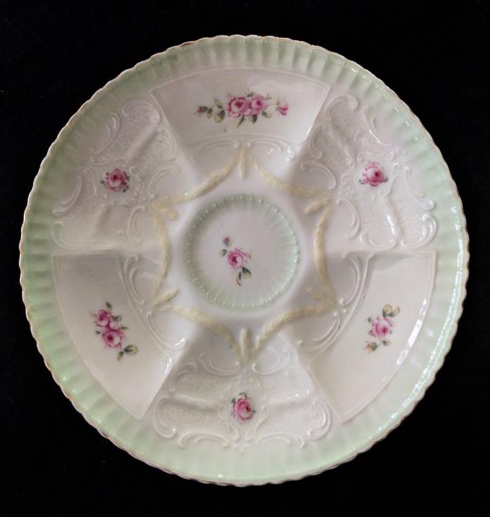 Antique Weimar German Porcelain Oyster Plate c.1905 Embossed w Pink Roses 6 Well
