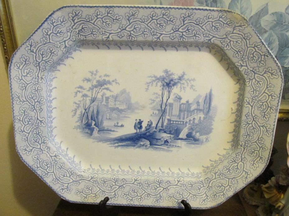 Antique Ironstone Blue W. Adams & Sons Genoa England Large Platter 17.5
