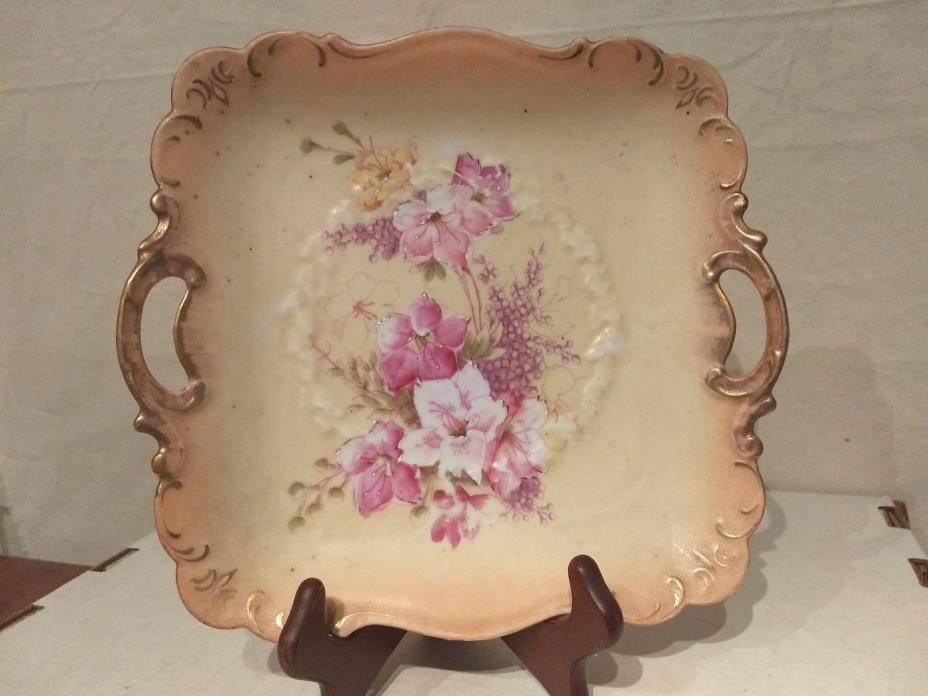 PM Bavaria Hand Painted SQUARE Handled PLATE Serving Tray PINK FLOWERS Enameled