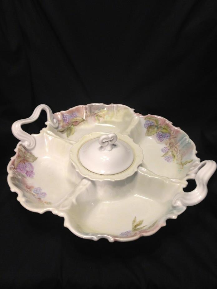 Antique Porcelain 5 Section Serving Tray With Handles and Center Lidded Section/