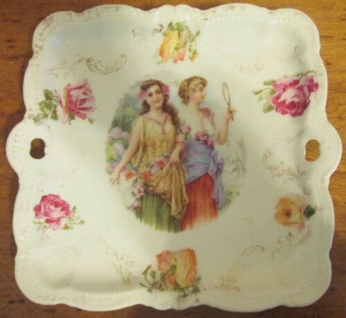 Antique Vintage PM Bavaria Handled Porcelain Tray Dish Hand Painted Portrait