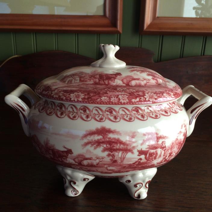RED TRANSFERWARE FOOTED SERVING DISH WITH LID