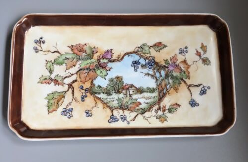 Hand Painted Porcelain 9.5” X 5.5” Tray Fall Colors W Blue Berries & Cottage