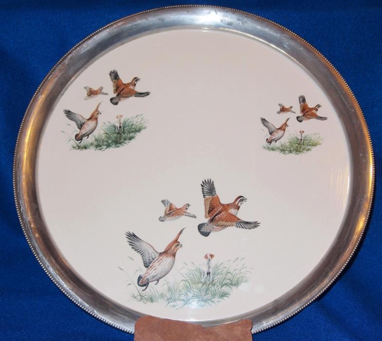 Vintage 1950's Revere Pewter Ceramic Insert Scene Quail  Serving Tray