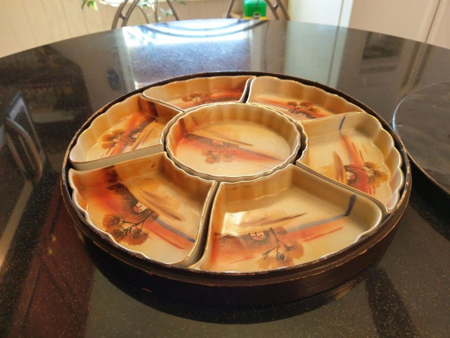 1940s Japanese Hand Painted Condiment Sushi  Tray in Original Wood Box