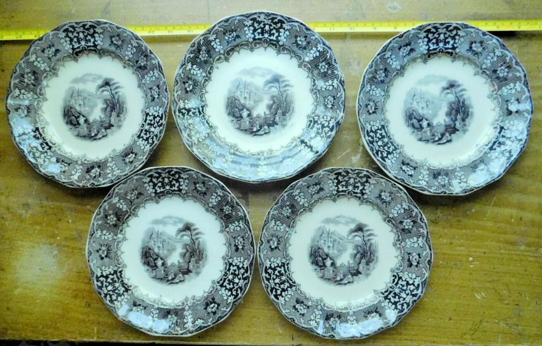 Antique 1890's SET OF 5 Mulberry black transfer DESSERT PLATES Peru Holdcroft