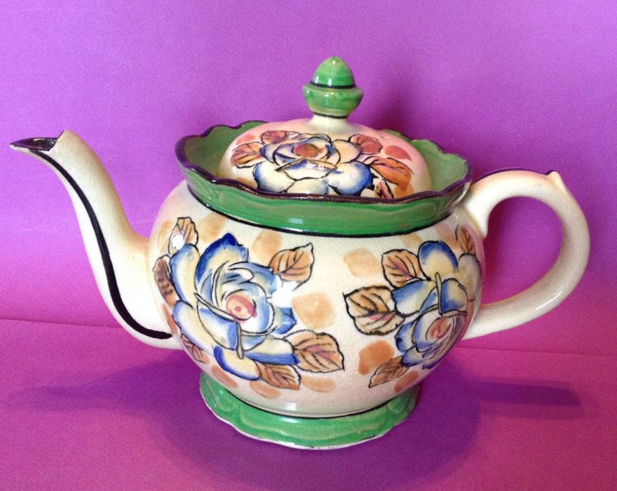 Large Vintage Teapot Circa 1921-1942 - Hand Painted Green And Blue - Japan