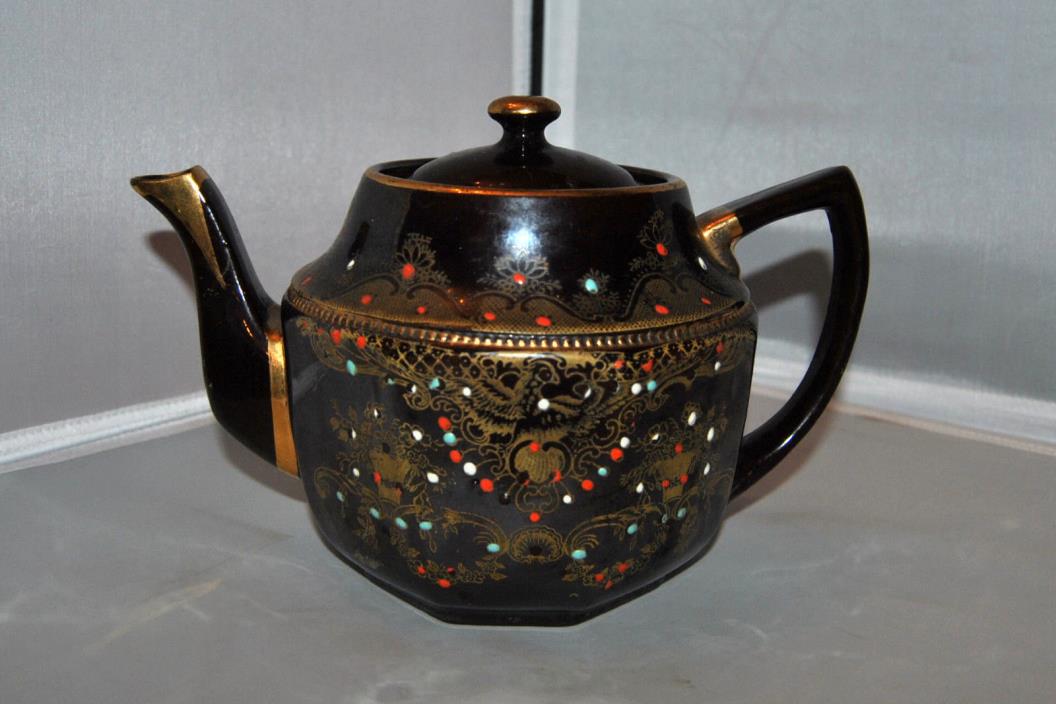Antique Vintage Victorian Brown Teapot Gold Designs Enamel Beads Signed 
