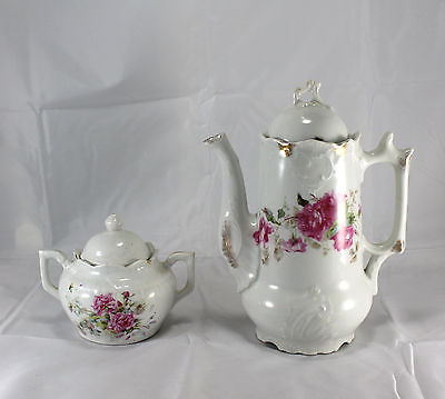 Vintage Handpainted Floral Rose Porcelain Gilt Teapot & Sugar Bowl