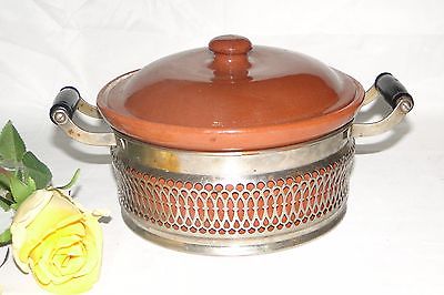 Original Guernsey Cooking Ware Stoneware Warming Pot w Metal Stand Wood Handles