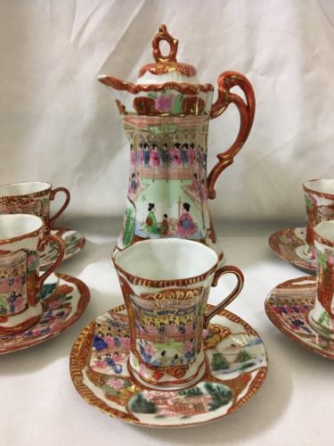 ANTIQUE KUTANI JAPANESE CHOCOLATE / COFFEE SET COFFEE 12 PC EGGSHELL GEISHA