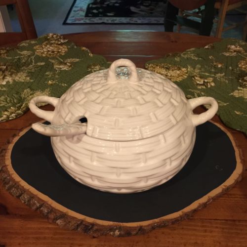 Vintage White Soup Tureen, Basketweave Pattern With Ladle