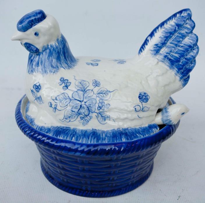 Vintage Hand Painted Ceramic Chicken Tureen Ladle Hen Blue & White Country