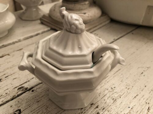 Vintage White Ornate Ironstone Mini Lidded Sugar Dish Tureen