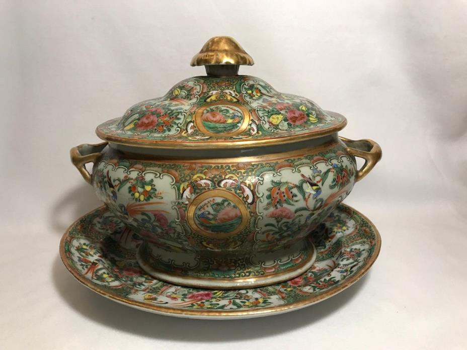 Antique Chinese Export Rose Medallion Sauce Tureen With Under Plate-Circa 1800's