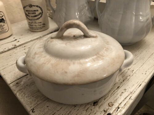 Vintage Antique White Ironstone Soup Tureen Crazed Stained Great Patina