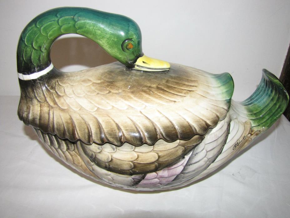 Large Ceramic Mallard Duck Soup Tureen/Cookie Jar Made in Italy R.B.