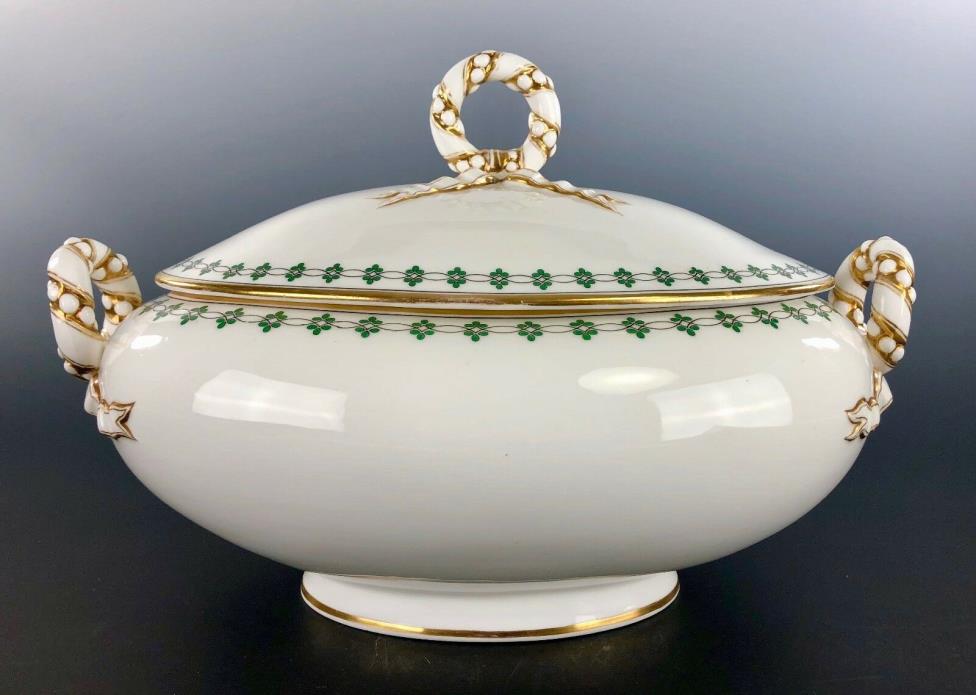 Fabulous Large English Pottery Coverd Server Green Shamrocks Ribbon Handles 1872