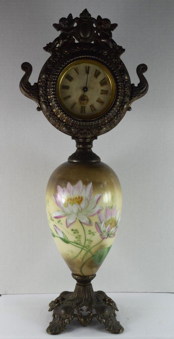 Vintage Victorian Ewer Clock Floral Pattern Hand Painted Brass Base/Top Cl-03