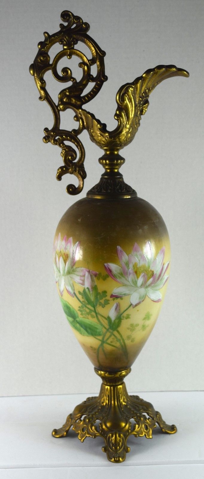 Vintage Victorian Ewer Urn Floral Pattern Hand Painted Brass Base / Top Cl-02