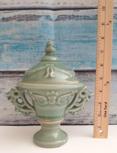 Antique Green Porcelain Pedestal Urn Vase 8