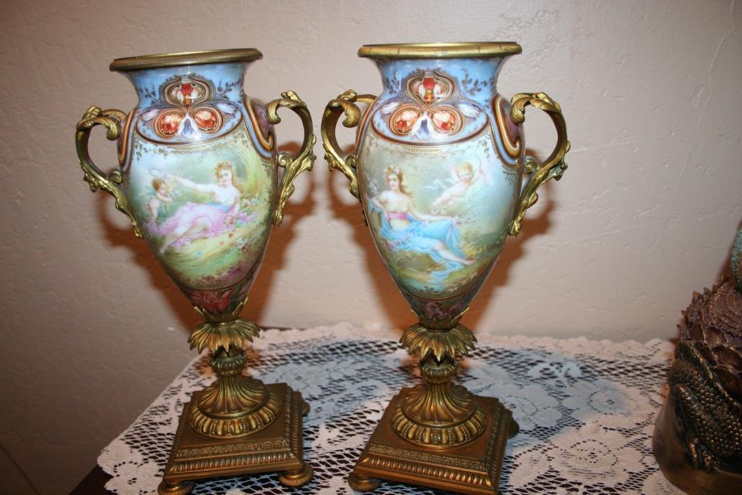 Stunningly Beautiful Vintage Pair Collot Signed French Porcelain Champleve Urns