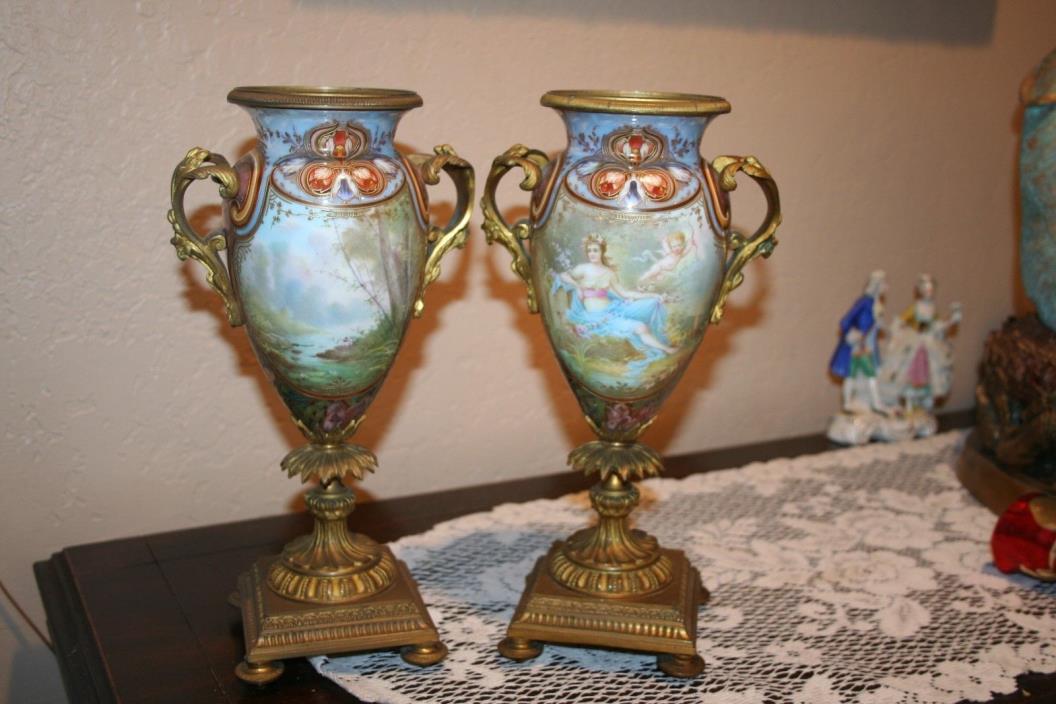 Stunning Pair of Antique French Signed Collet Hand Painted Porcelain Urns