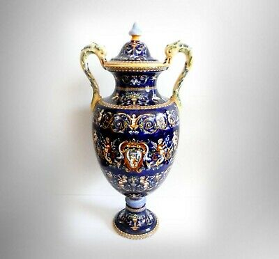 Gien France LARGE lidded urn with Fond Bleu pattern - cherubs - hand painted