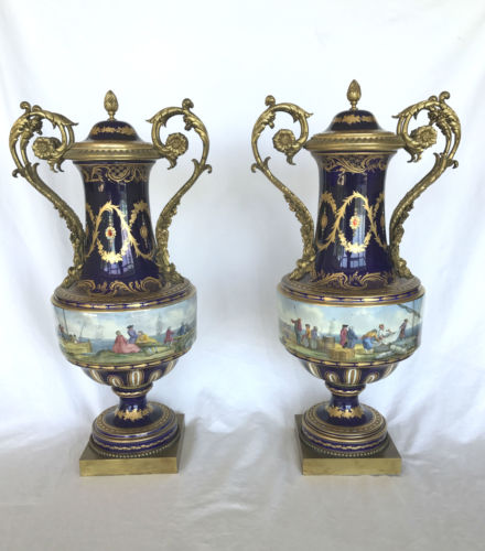Antique 19th Century COBALT Bleu de Roi Gilt BRONZE Lidded Urn Vase Mariport Set