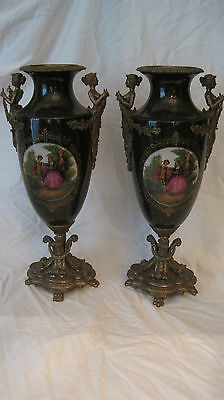 Pair of French Porcelain & Bronze Urns