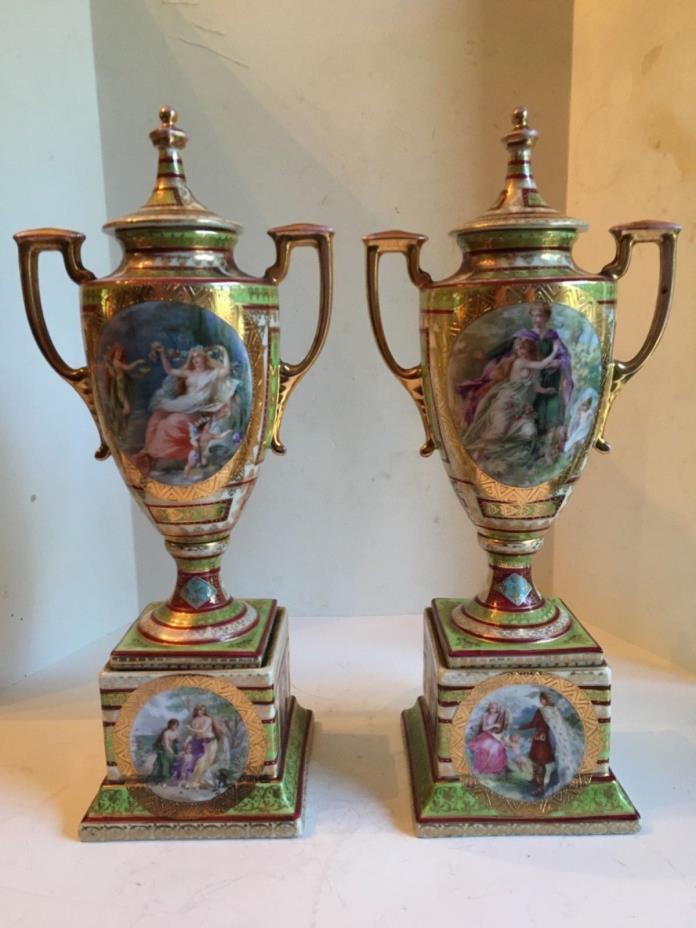 Antique Victorian Royal Vienna Handpainted Stunning Large 14 In. Urns 1880’s
