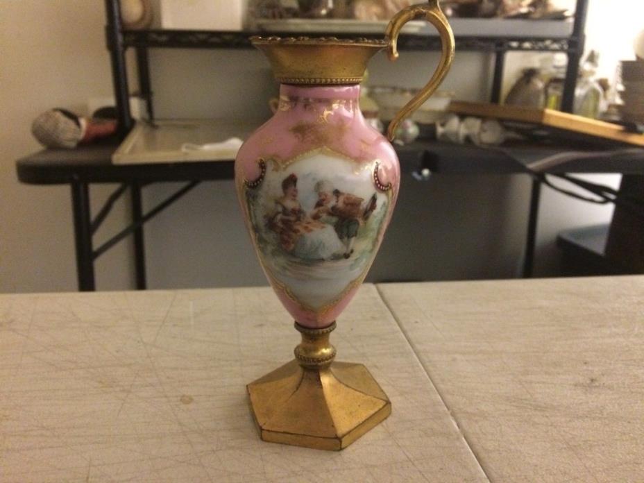 Antique French Porcelain Ewer Gilt Mounts Hand Painted Scene Flowers Sevres ?