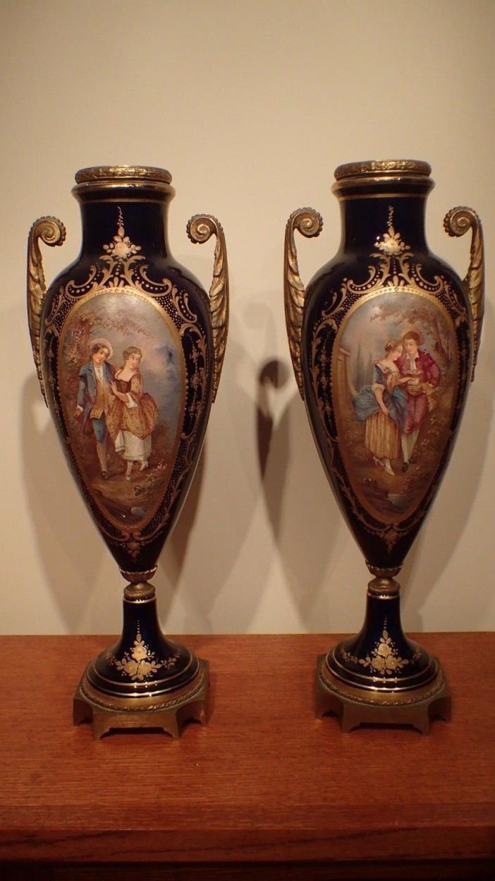GREAT PAIR COBALT BLUE URN SIGNED & MARKED RAISED GILT SEVRES? FRENCH FRANCE