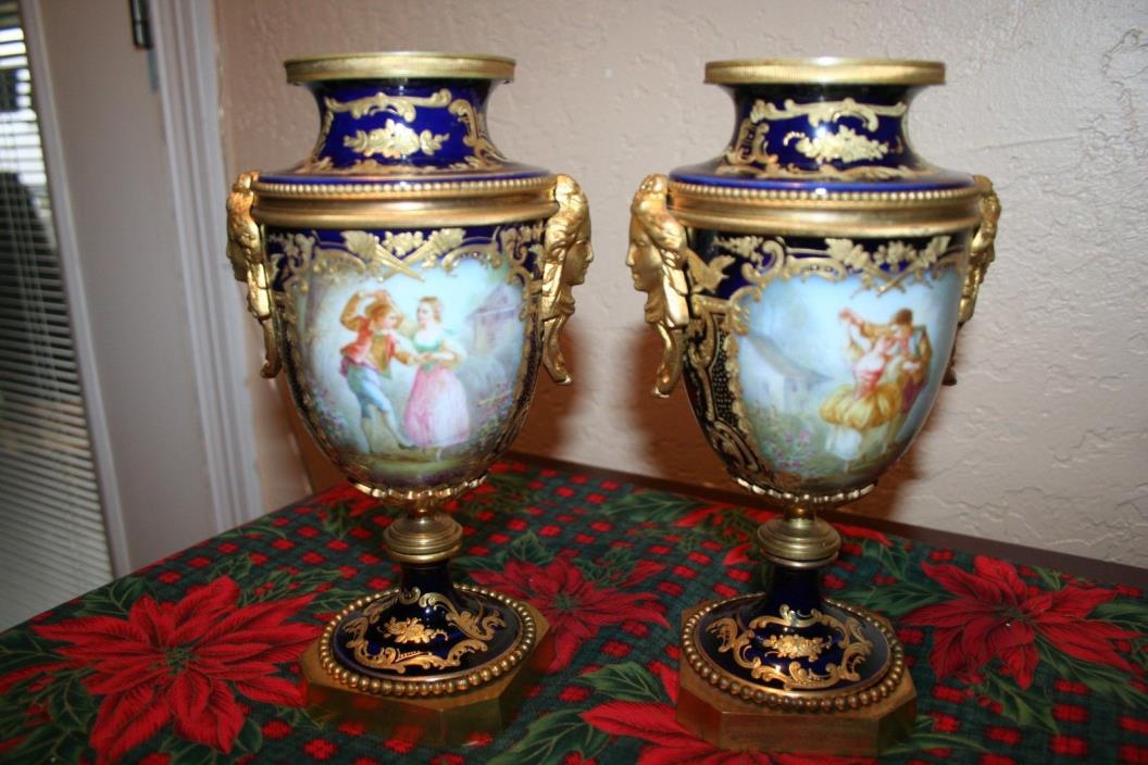 Antique Pair French Signed Collot Porcelain Cobalt Blue Hand Painted Urns 1800's