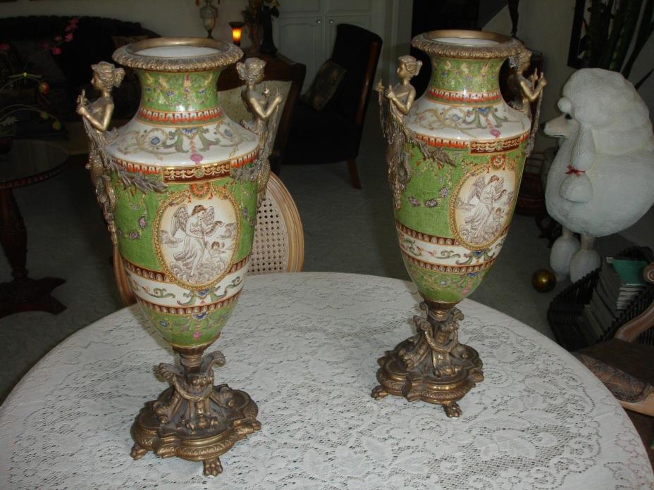 Pair of French Porcelain and Brass Urns