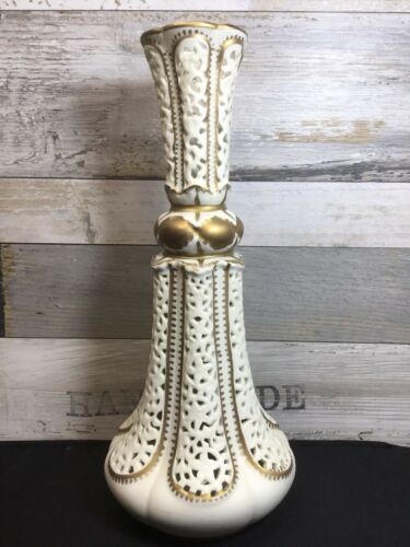 Vintage Antique Cream Gold Guild Flute Shape Porcelain Hollowed Vase