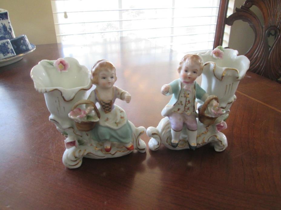 CHARMING PAIR OF VINTAGE PORCELAIN BABIES WITH FLOWER BASKETS AND VASE reduced