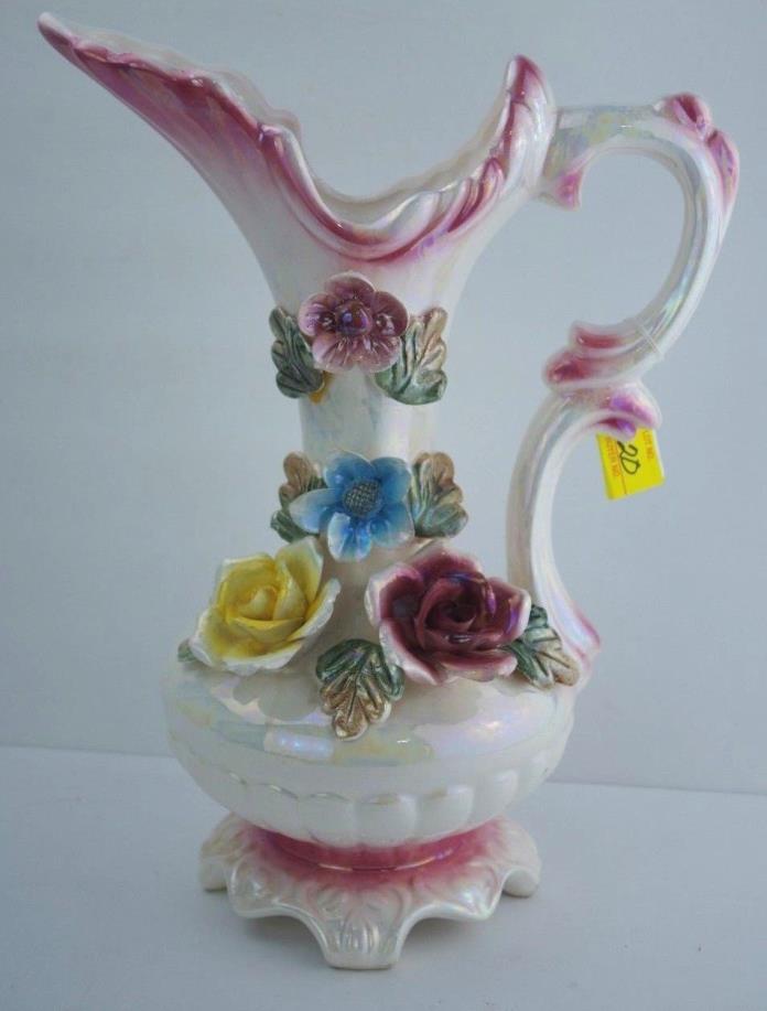 Vintage Ceramic 3D Flowers Handled Urn Pitcher Ewer Vase 15