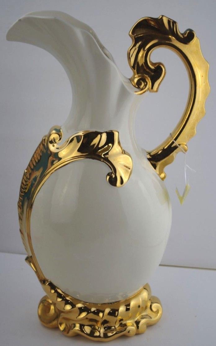 Vintage Ceramic White and Gold Handled Urn Pitcher Ewer Vase 17