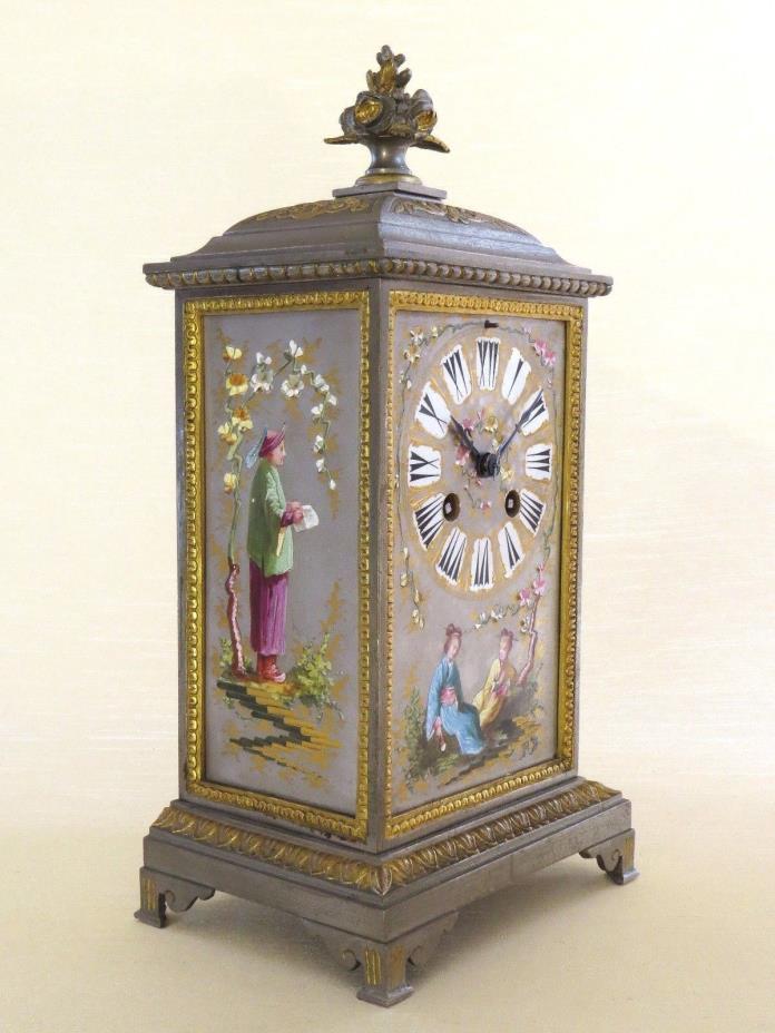 Antique French Enameled Clock with Platinum Background and Asian Influenced Scen