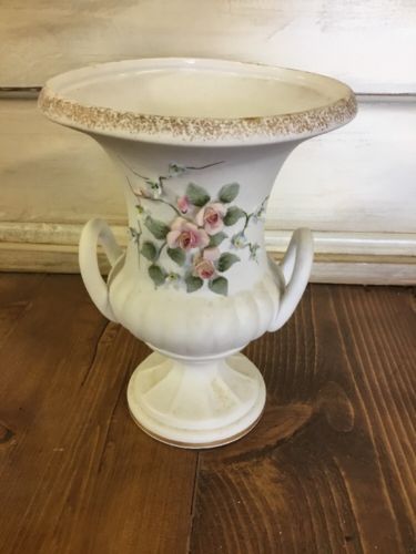 VINTAGE Lefton  China  # 1776 HANDLED   VASE FLORAL  DESIGN   8