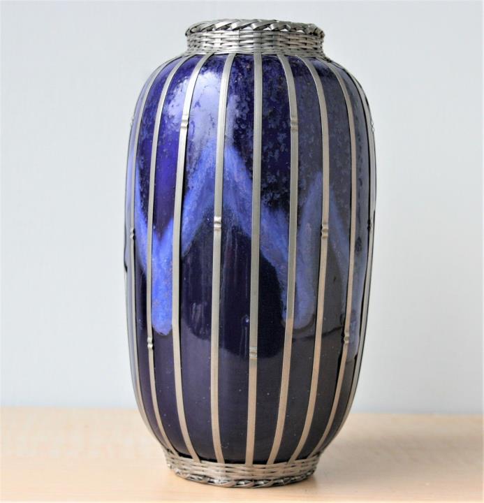 ANTIQUE JAPANESE FLAMBE BLUE 1920'S A DECO PORCELAIN VASE SILVER OVERLAY BASKET