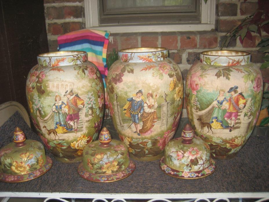Antique 1880s Victorian Royal Bonn Porcelain, capped vases (3) items