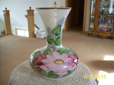 Handblown & Hand Painted Antique White Porcelain Floral Tall Vase Sign By Artist