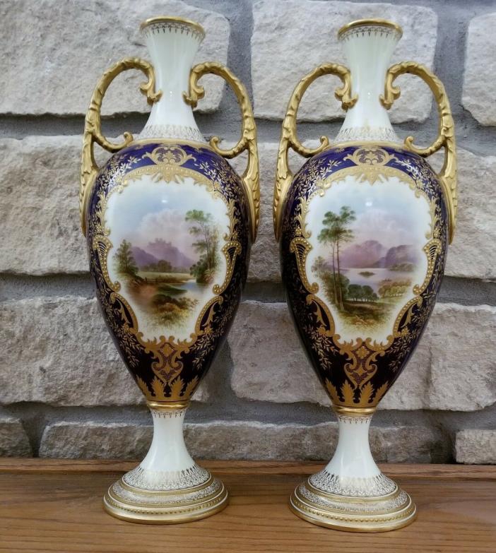 Coalport England Vase Pair Antique Porcelain Mountain Lake Scenes 15.5