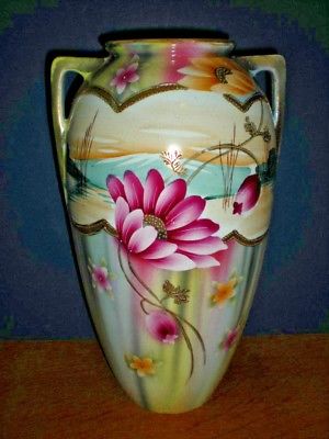 Vtg Vase double handle Hand Painted Lotus Lilly Pad Flower Turn of century Large