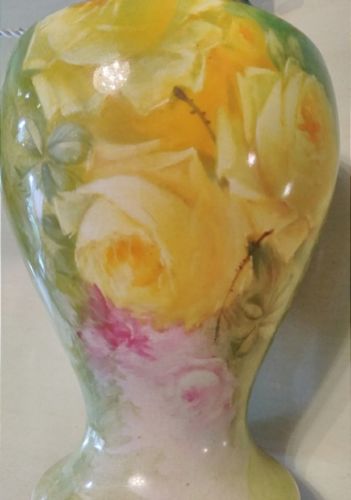 Stunning Antique ROYAL BONN Vase Yellow & Pink Roses White Flowers Gold Gilt