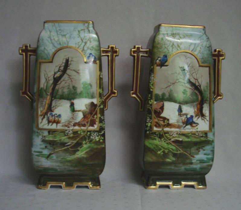 PAIR ANTIQUE HAND PAINTED PORCELAIN MATCHING BLUE BIRDS IN WINTER MANTLE VASES