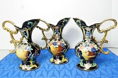 LOT of 3 H. Bequet Renaissance Quaregnon Hand Painted Gold EWER, Vase, Belgium